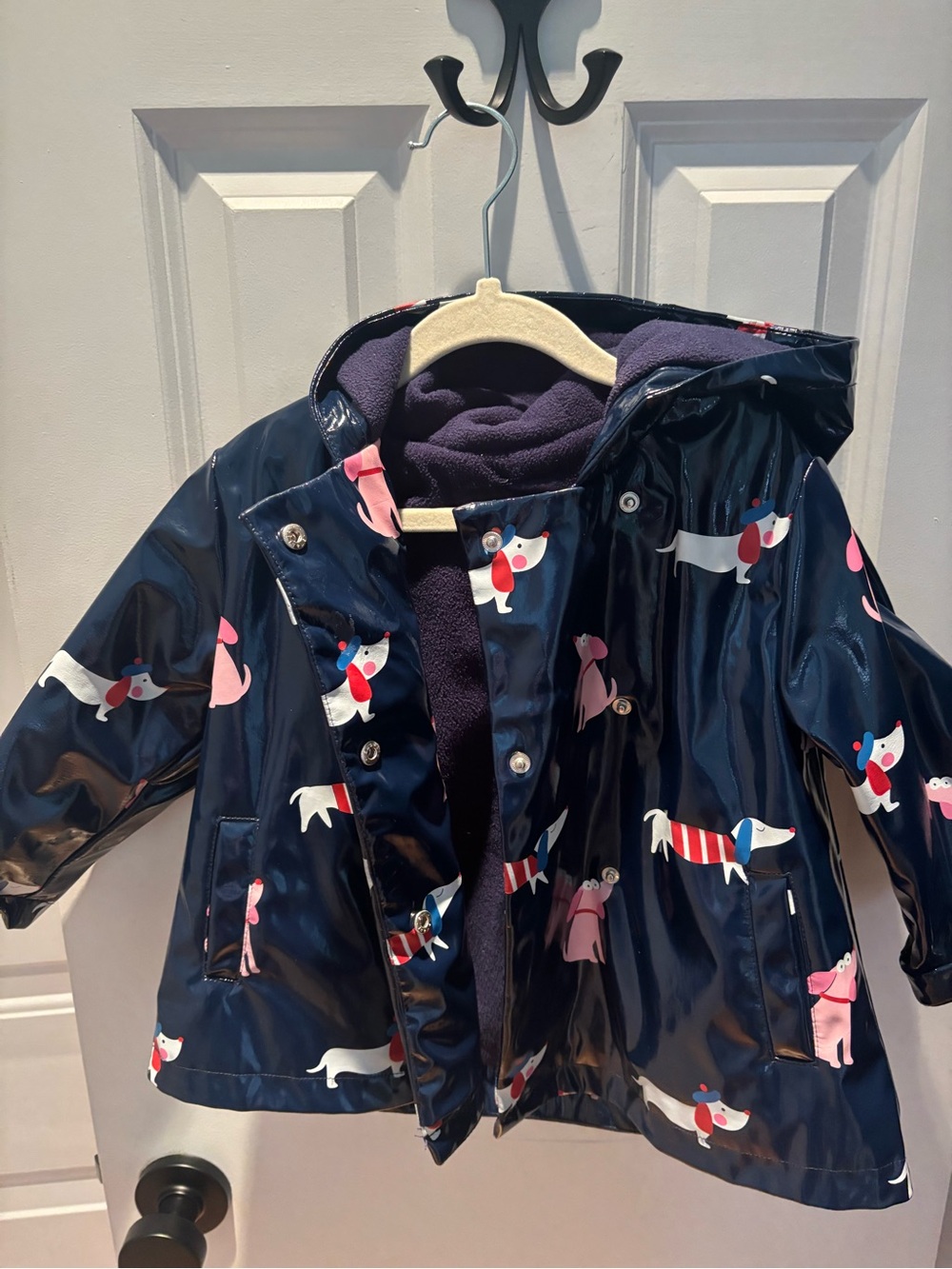Jacadi Navy Raincoat with Pink & White Dachshund Print